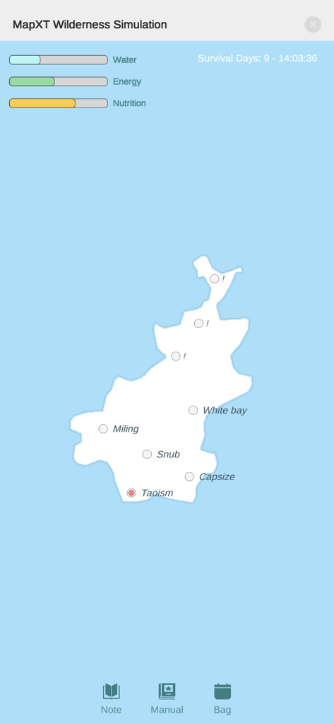 MapXT - Interface of MapXT wilderness survival simulation showing resource bars for water energy and nutrition with a location map