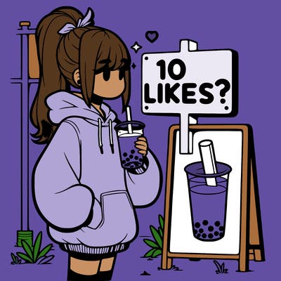 girl with oversized hoodie drinking boba and she has a high ponytail with a sign that says 10likes?