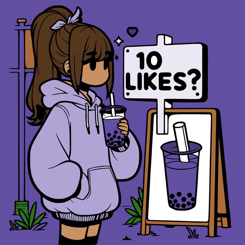 girl with oversized hoodie drinking boba and she has a high ponytail with a sign that says 10likes?