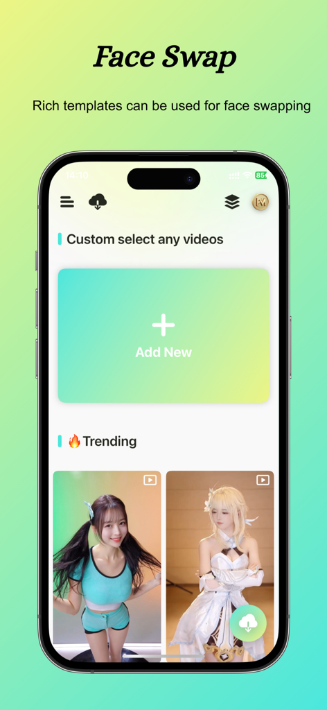 FaceMorpher - AI Swap Videos - FaceMorpher app interface showing AI face swap templates and trending videos