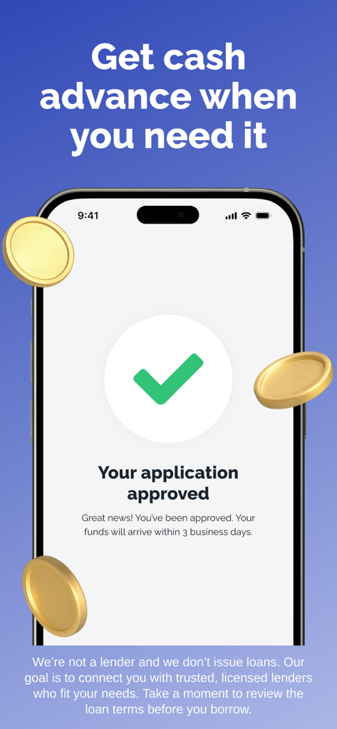Money In Minutes: Cash advance - Smartphone screen showing an approved cash advance application status with floating gold coins