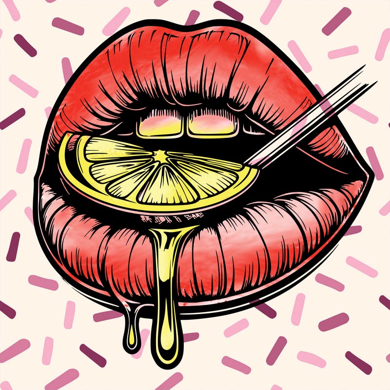 realistic lips with drip, taking a bite of a lemon slice