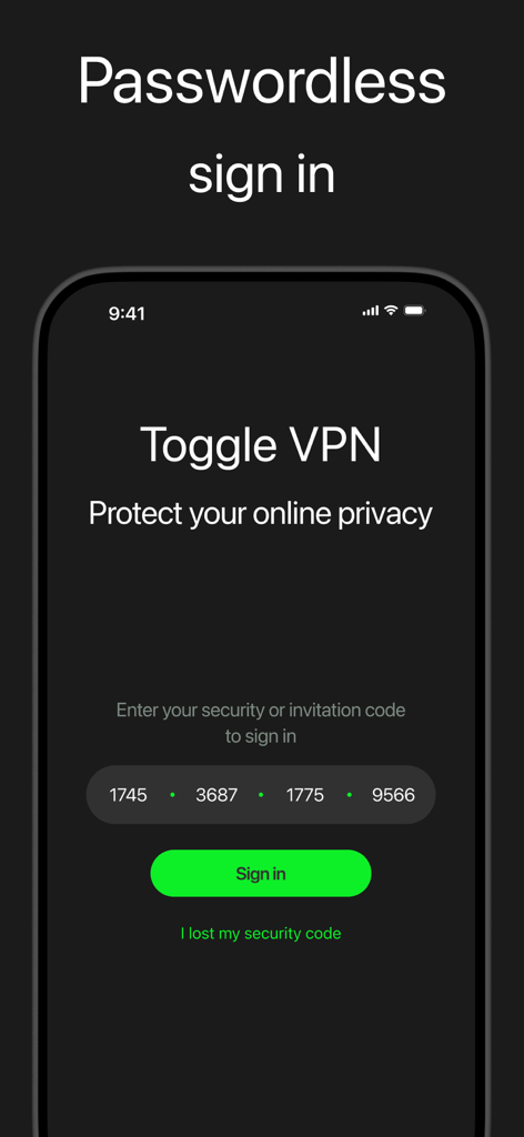 Toggle VPN for Secure Internet - Interfaz de inicio de sesión sin contraseña de Toggle VPN que muestra la entrada del código de seguridad para el inicio de sesión anónimo