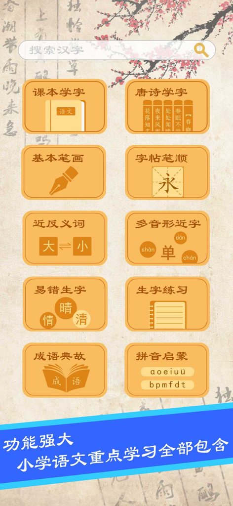 Un'interfaccia di un'app mobile che mostra vari moduli di apprendimento della scrittura cinese come ordine dei tratti, poesia e Pinyin.