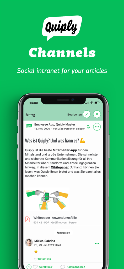 Mobile screen of Quiply showing a company intranet channel with a news article and employee comments