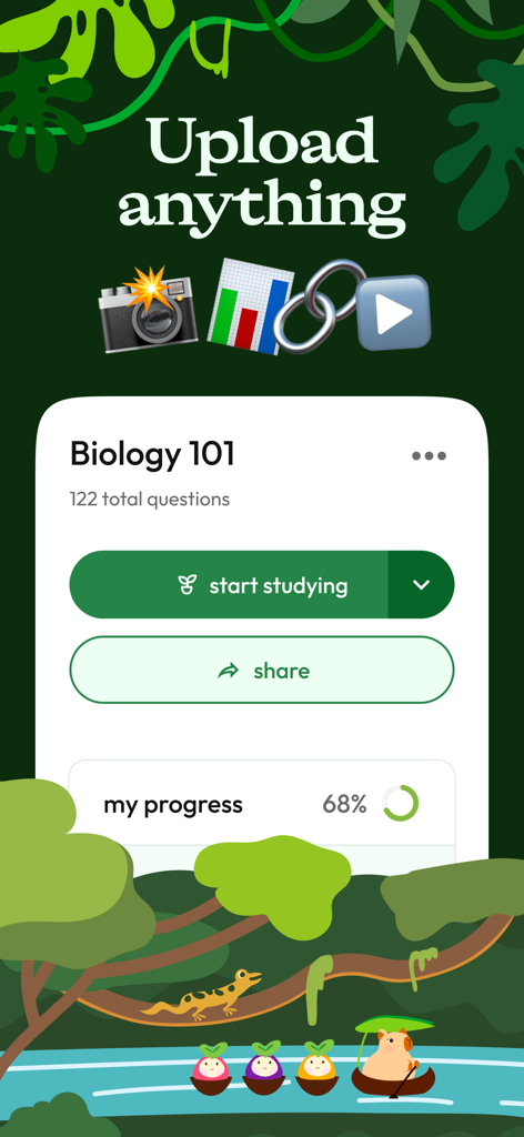 Interfaz de la aplicación Jungle mostrando un cuestionario de Biología 101 con seguimiento del progreso y opciones de carga de archivos.
