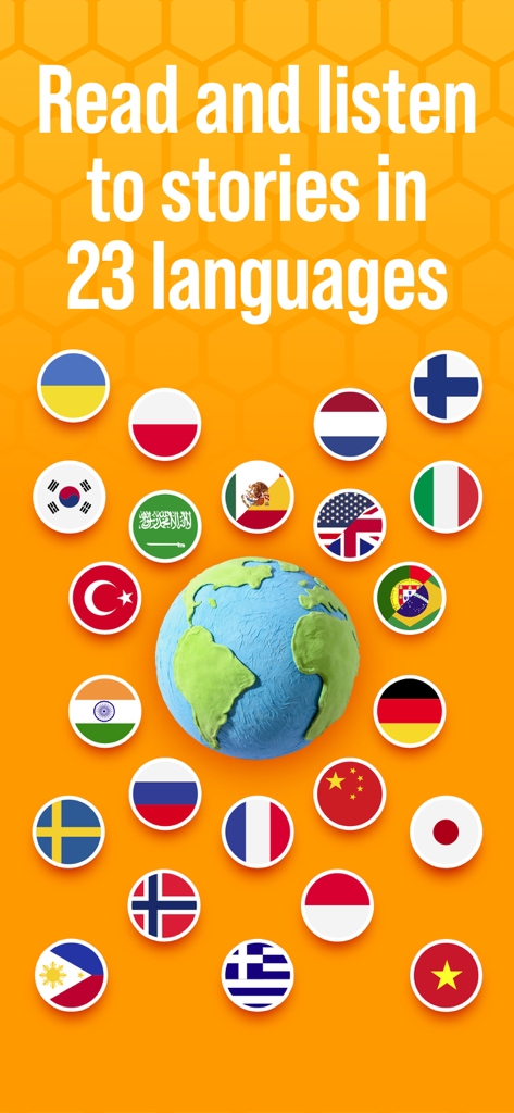 Beelinguapp: Language Learning - Beelinguapp screen showing support for twenty-three languages with global flags and a globe