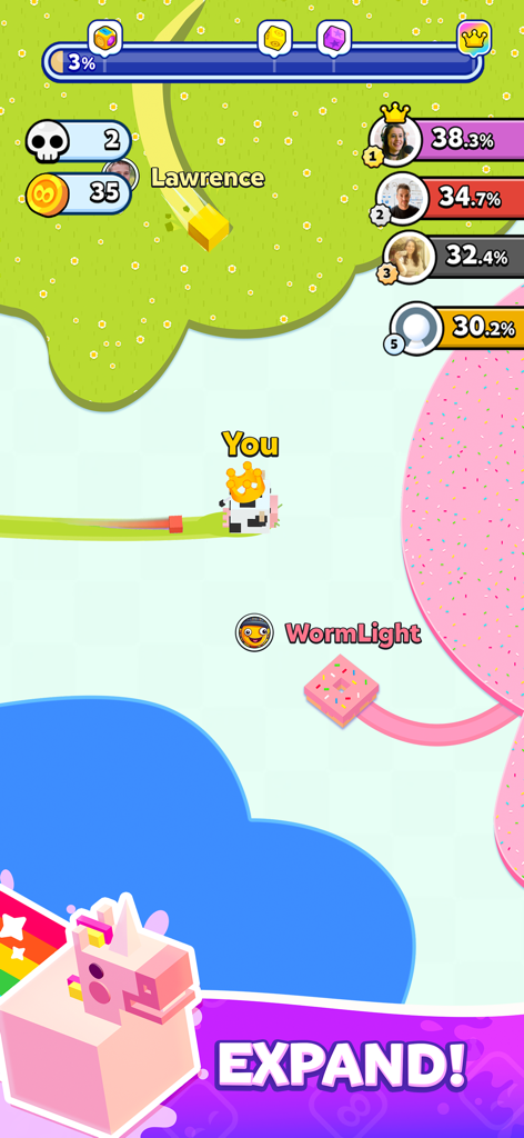 Gameplay de Paper.io 2 montrant un personnage de type vache étendant son territoire pour conquérir la carte avec un classement affiché à l'écran.