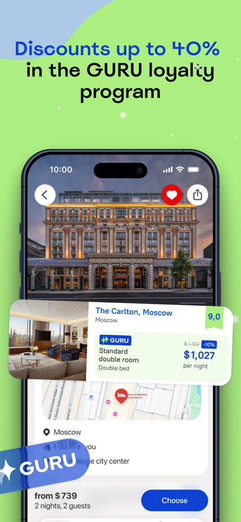Ostrovok – Book a Hotel - Ostrovok mobile app showing GURU loyalty program discounts up to 40 percent on hotel bookings