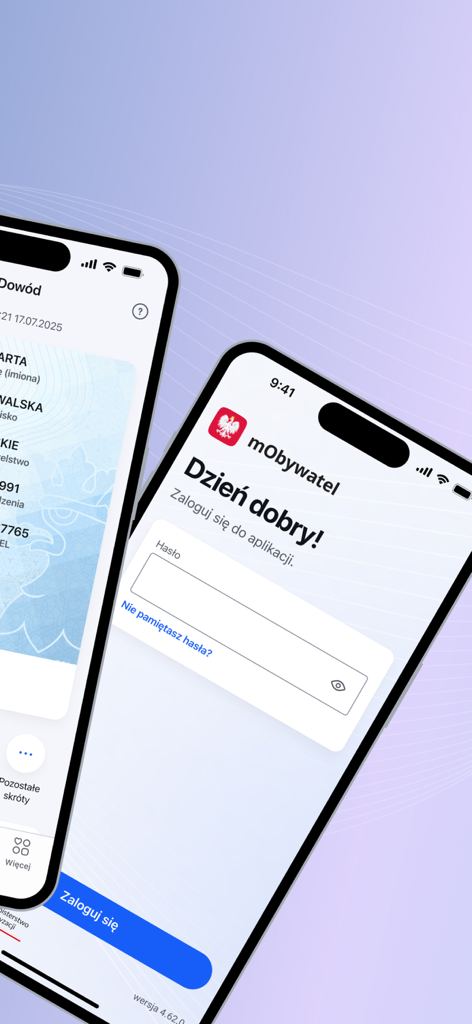 mObywatel - Two iPhone screens displaying the mObywatel app login interface and a digital identification document.