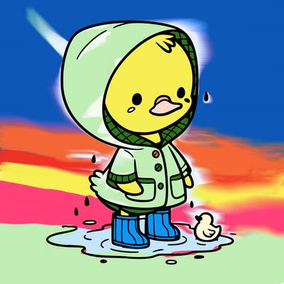 baby duck in a rain coat and boots, in a puddle while it’s raining