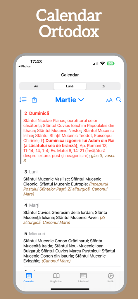 Calendar Ortodox 2026 - Capture d'écran de l'application Calendrier Orthodoxe 2026 montrant les fêtes religieuses et les saints du mois de mars en roumain.