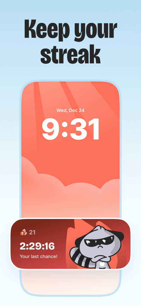 BitePal app lock screen widget displaying a 21-day streak and a countdown timer with a raccoon pet