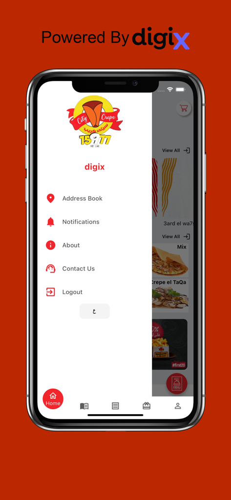 City Crepe - City Crepe 앱의 사이드바 탐색 메뉴로 주소록 및 알림 옵션 표시