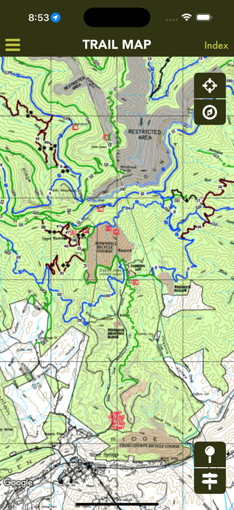 Topographical off-road trail map within the Windrock Park mobile app