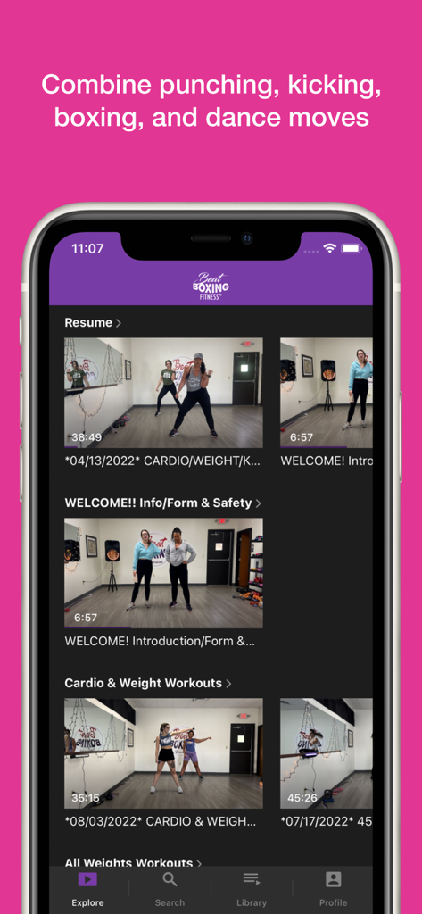 Beat Boxing Fitness - Screenshot dell'interfaccia dell'app Beat Boxing Fitness con video di allenamento di danza e pugilato