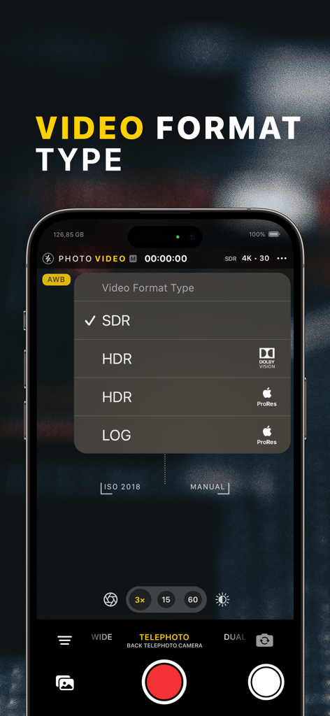Interface do xZoom Cam mostrando opções de formato de vídeo profissional incluindo SDR HDR e LOG ProRes