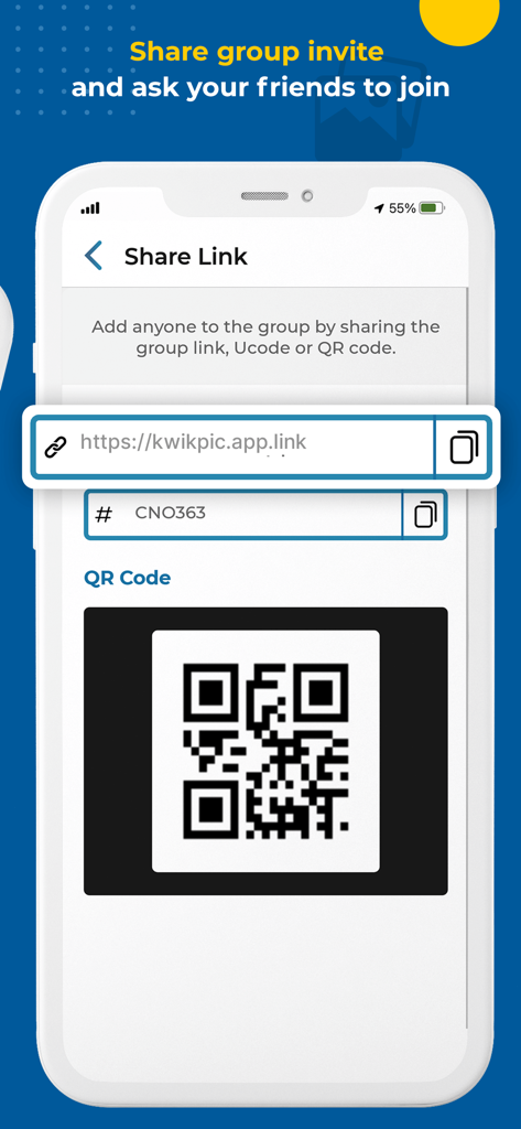 Kwikpic - Smart Photo Sharing - Kwikpicアプリのインターフェース、リンク、コード、またはQRコード経由でのグループ招待の共有オプションを表示