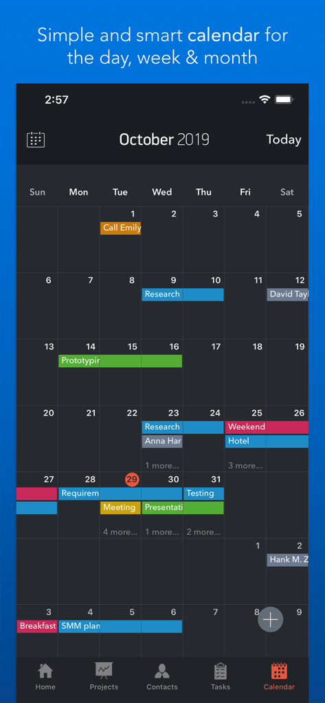 Task Office lite: to-do list - Vista mensual del calendario de Task Office lite mostrando tareas y citas programadas codificadas por colores