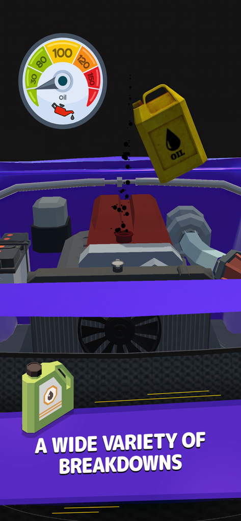 Mechanic Simulator - 정비소 시뮬레이터의 게임 플레이 스크린샷으로, 자동차 엔진에 오일이 부어지고 오일 게이지가 보이는 모습.