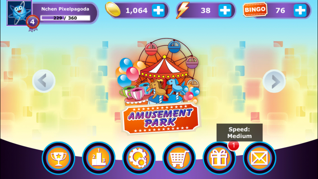 Auswahlbildschirm für das Thema Vergnügungspark in der App Bingo Free Live Bingo.