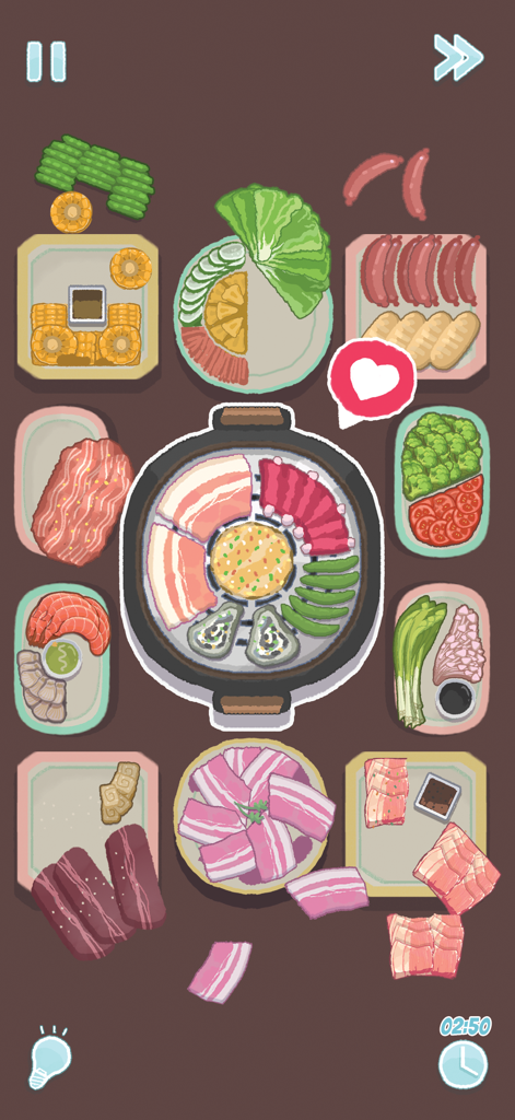 Una pantalla de juego móvil acogedora que muestra alimentos crudos como carne y verduras organizándose en una parrilla de barbacoa y platos