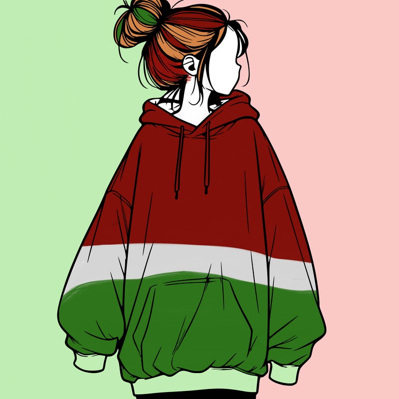 realistic girl with a oversized sweatshirt on and a bun