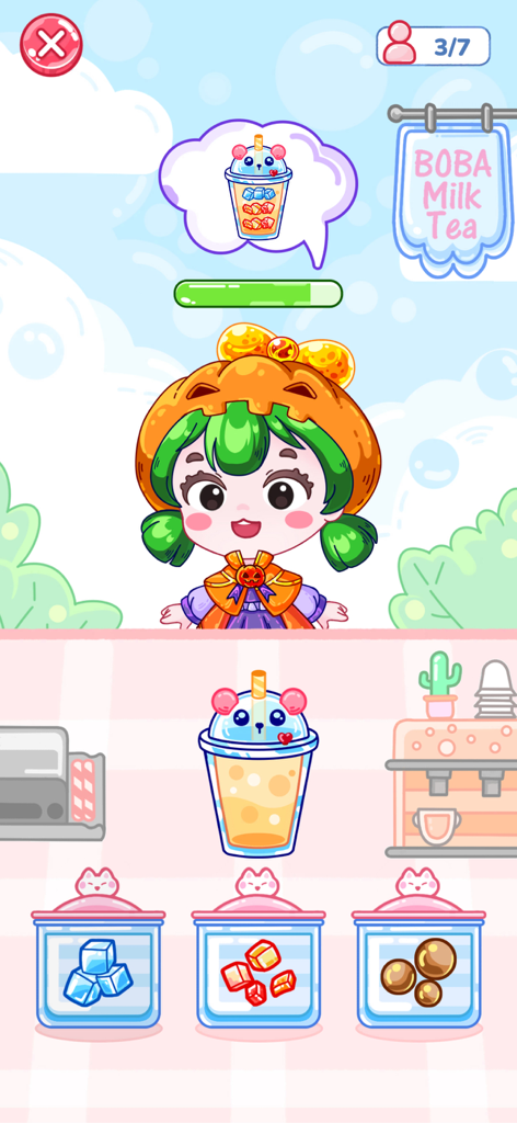 A cute cartoon girl in a pumpkin costume ordering boba milk tea in a colorful mobile game interface.
