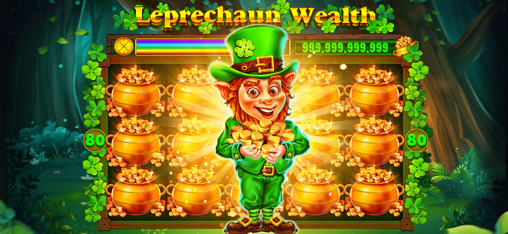 Leprechaun Wealth slot game screen featuring a lucky leprechaun character and pots of gold