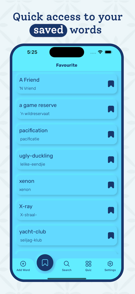 Afrikaans Dictionary - Offline - Interface do aplicativo Dicionário Suaíli mostrando uma lista de palavras favoritas salvas com suas traduções em inglês e Suaíli