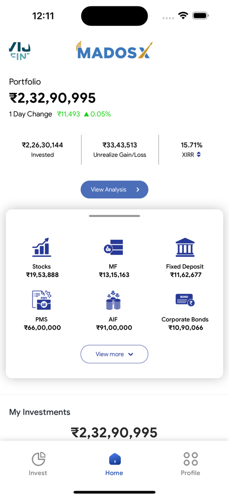 MIDASX - MIDASX app portfolio dashboard showing investment total and asset categories like stocks and mutual funds