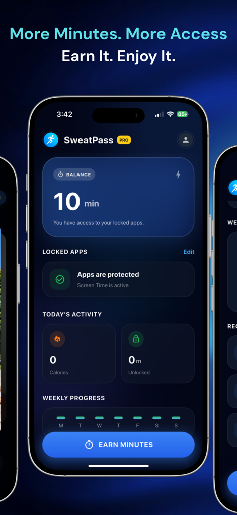 SweatPass: Earn Screen Time - SweatPass app dashboard showing a ten minute screen time balance and a button to earn more minutes through exercise.