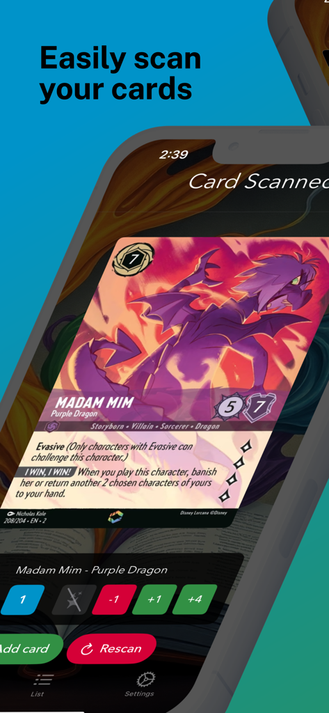 Lorscana: TCG Card Scanner - Interfaz móvil de la aplicación Lorscana escaneando una carta de intercambio de Disney Lorcana de Madam Mim