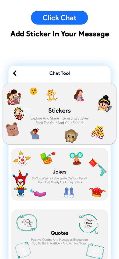 Click To Chat - Direct Message - Click To Chat app interface showing stickers jokes and quotes for messaging