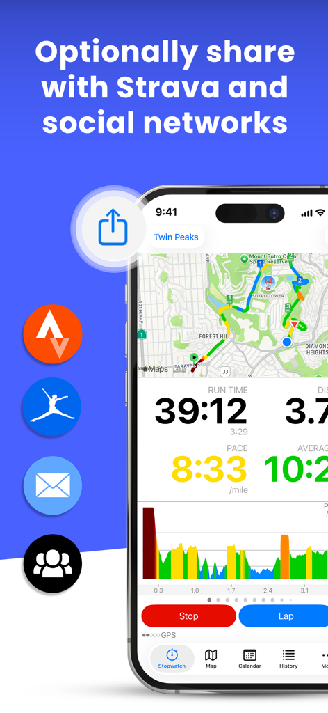 5K Runmeter Run Walk Training - Runmeter app screen displaying run metrics and icons for sharing workouts with Strava and other platforms.