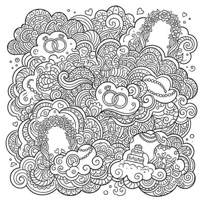 Immerse yourself in a romantic sky with this intricate Zentangle coloring page, featuring billowing clouds adorned with delicate wedding motifs. Discover hidden rings, floral arches, and a celebratory cake, all waiting for your creative touch.