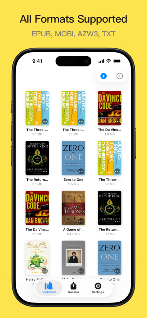 Bookify: Send to Kindle - Interfaz de la aplicación Bookify que muestra una estantería digital con formatos de ebook compatibles como EPUB y MOBI.