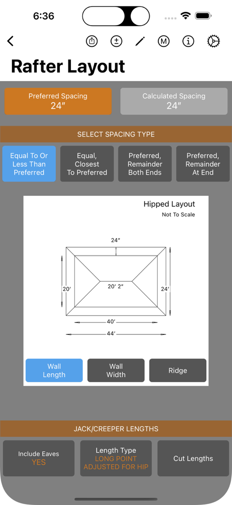 RoofCalc rafter layout and hipped roof spacing calculation tool interface