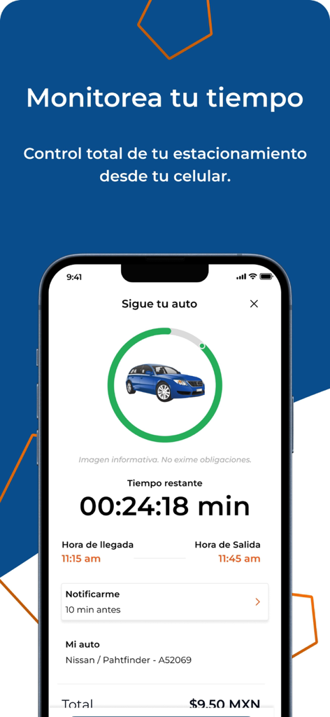 Yo! Estacionandome - Mobile app interface showing a countdown timer for parking duration and car monitoring features.