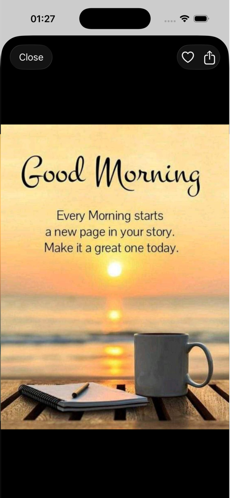 Good Morning GIFs - コーヒーマグと感動的なおはようの引用が付いた、海に平和な日の出。