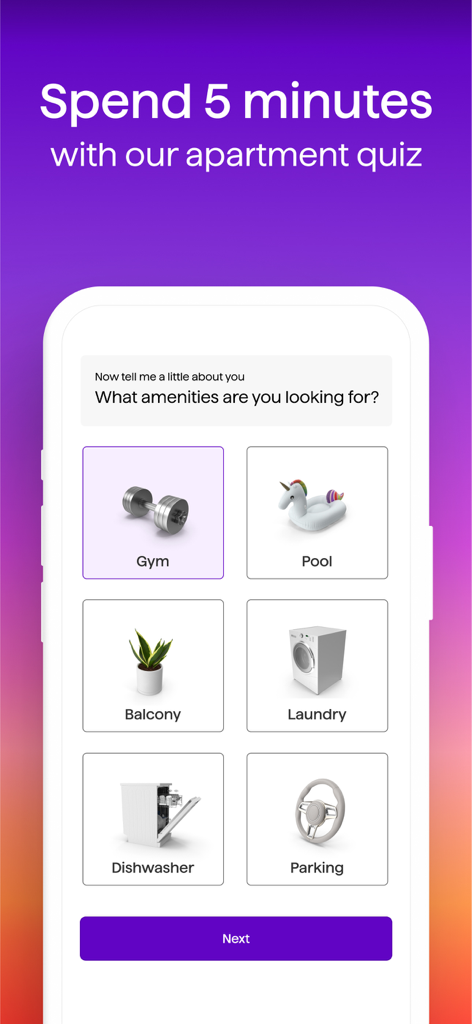 Questionário do aplicativo Apartment List sobre aluguéis, mostrando opções de seleção de comodidades como academia e piscina