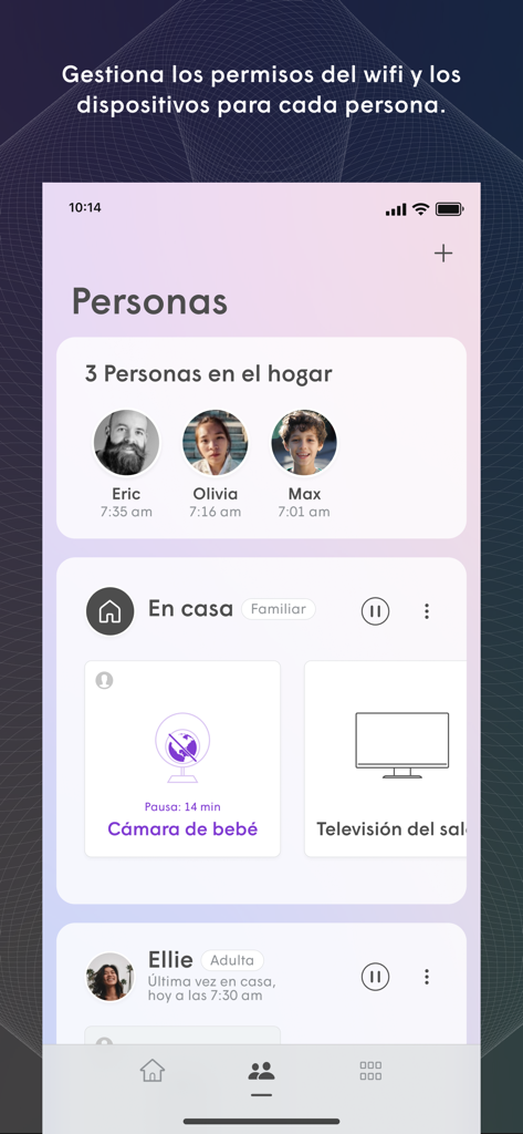 TIGO wifi+ - Interfaz de la aplicación TIGO wifi plus que muestra la pantalla de gestión de personas con perfiles familiares y dispositivos conectados