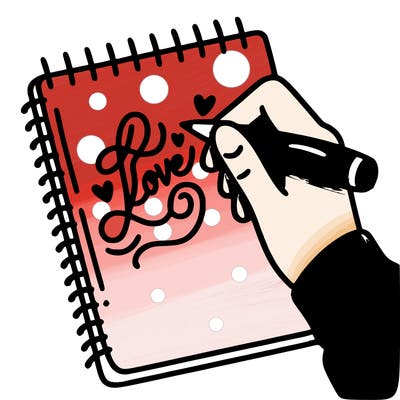 a hand writing “love” in calligraphy on a notebook
