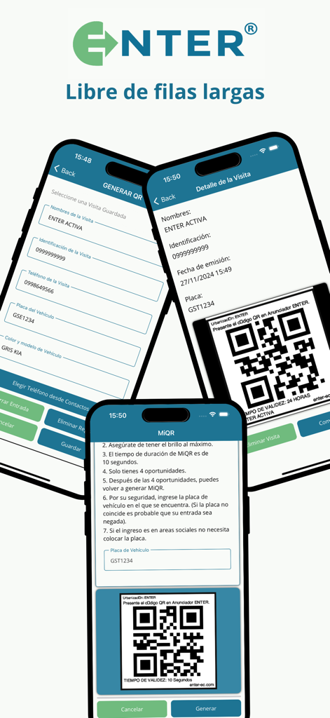 ENTER App - Telas do ENTER App mostrando a geração de código QR digital para entrada de visitantes residenciais e controle de acesso.