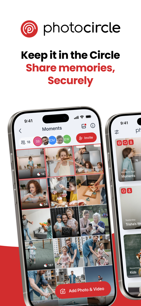 PhotoCircle app interface showing private collaborative photo albums for families and groups