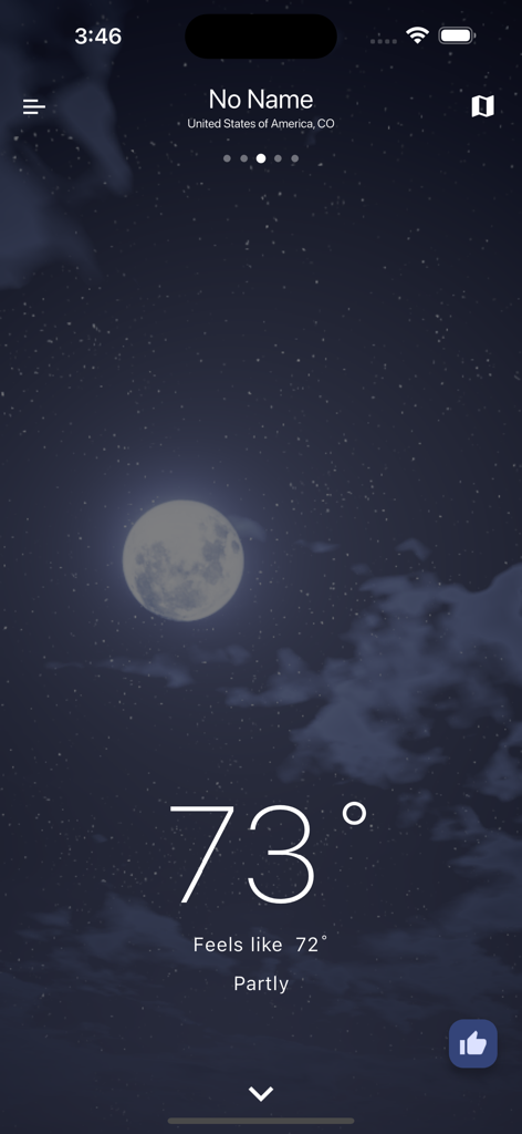 W.Weather - W.Weather app interface showing current temperature with a full moon and starry night background