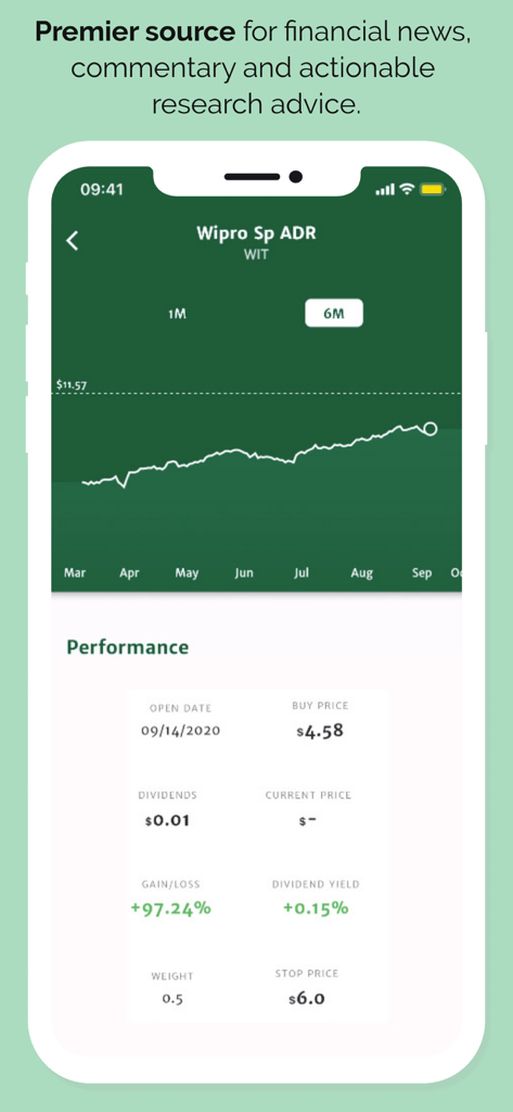 Money & Markets - Screenshot of the Money and Markets app showing stock performance metrics and a price chart for Wipro ADR.