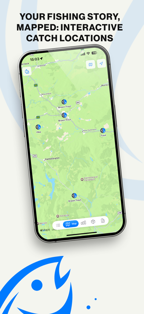FishM - Fishing Log - Smartphone screen showing the FishM app interactive map with pinned fishing locations and catch details