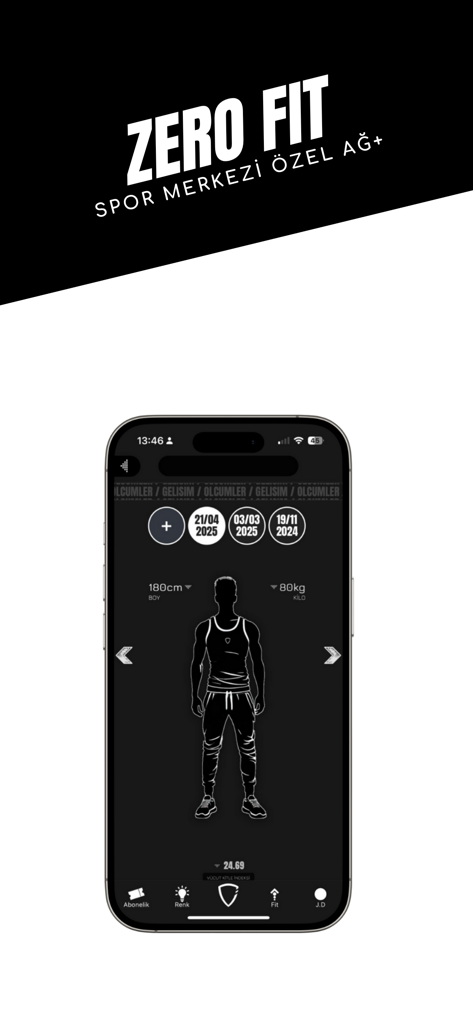 Interfaz de la aplicación móvil Zero Fit mostrando medidas corporales del usuario y seguimiento del progreso de fitness