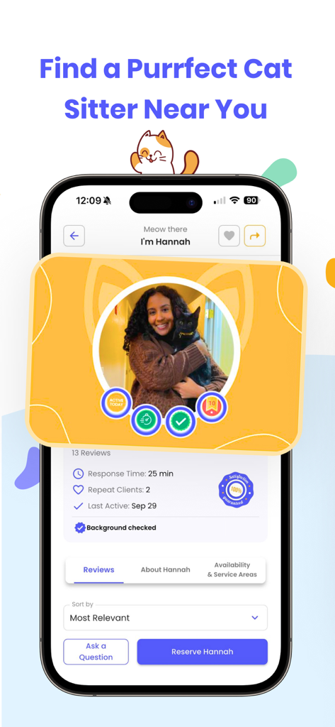 Meowtel app interface showing a verified cat sitter profile with background check and client reviews